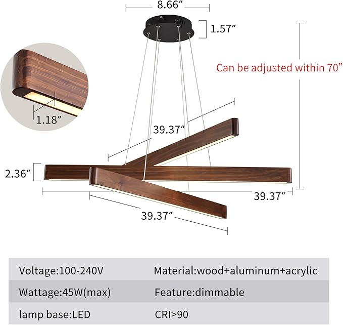 YISDESIGN 3-Light Linear Pendant,Dining Room Light Fixture,Modern Led Chandeliers for Living Room,Dimmable Wood Ceiling Pendant Light,45W for Living Room,Dining Room,Kitchen Island,Walnut Color