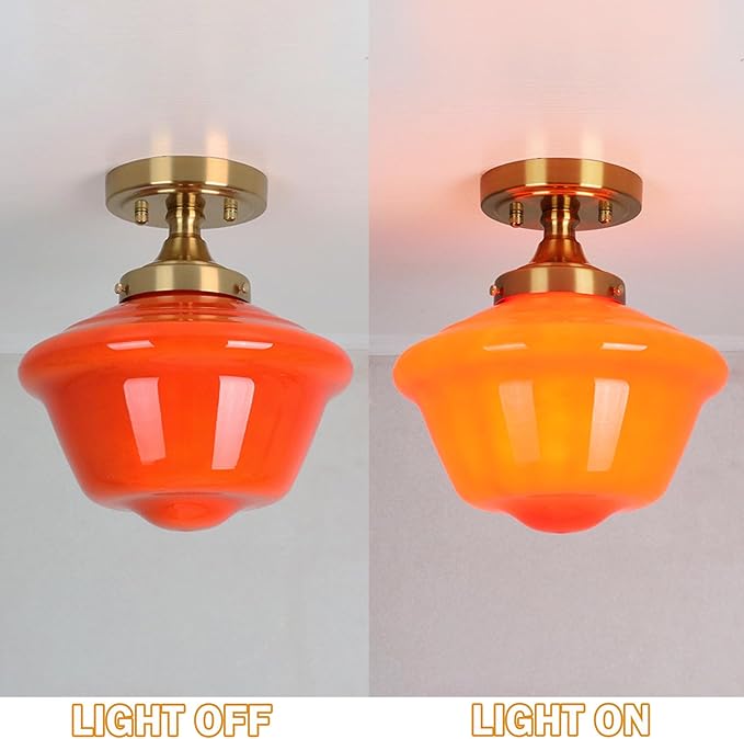SAMTEEN Gold Semi Flush Mount Ceiling Light 10-Inch Schoolhouse Light Fixtures Orange Milk Glass Ceiling Light Modern Hallway Light Fixtures Brass Vintage Light for Bedroom Entryway