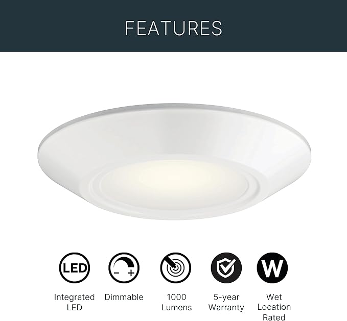 Kichler Horizon LED Downlight in White, 6.4" Flush Mount Interior Dimmable Light, 3000K, Wet Rated Integrated LED, (6.4" W x 1.3" H), 43873WHLED30, White