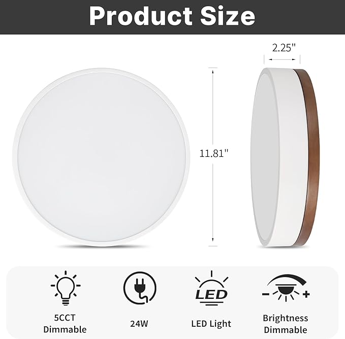 Led Flush Mount Ceiling Light: 11.8" Modern Dimmable White Walnut Wood Low Profile Close to Ceiling Light Fixture - 5CCT Round Minimalist Flat Overhead Lighting for Bedroom Laundry Hallway Living Room