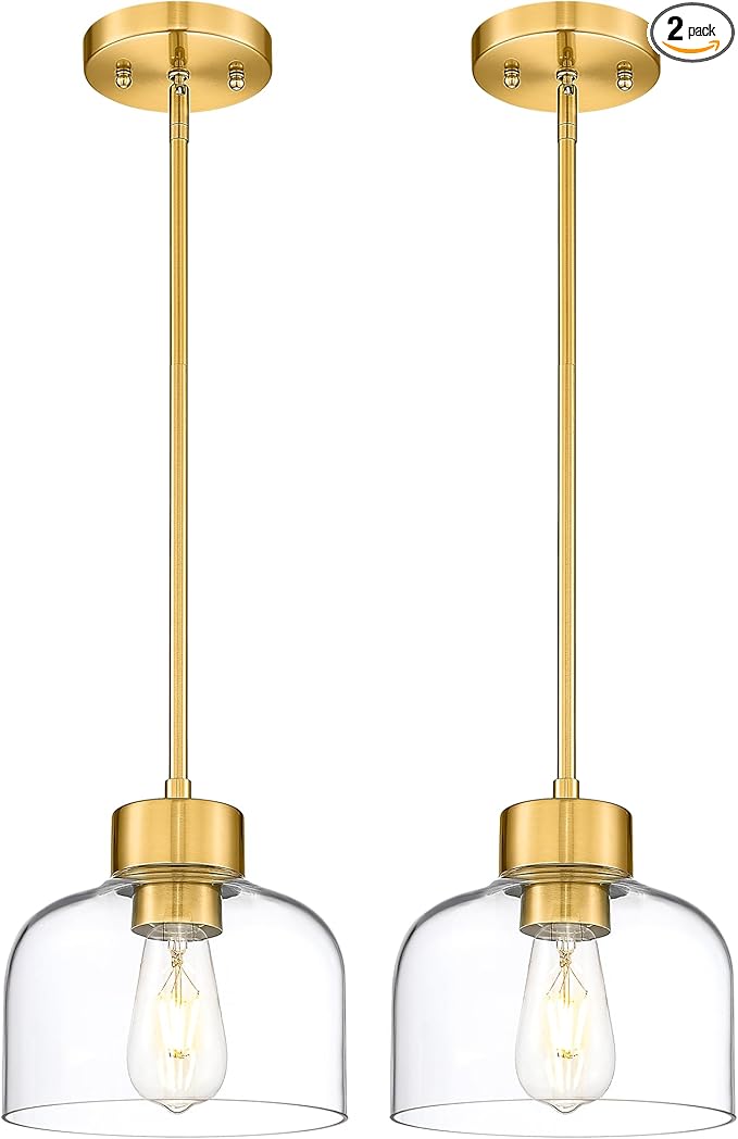 2-Pack Pendant Lights Kitchen Island, 8" Brushed Gold Hanging Light Fixtures with Clear Glass Shade, Modern Brass Kitchen Pendant Lighting Over Island for Dining Room, AD-24024-1P2L-GD