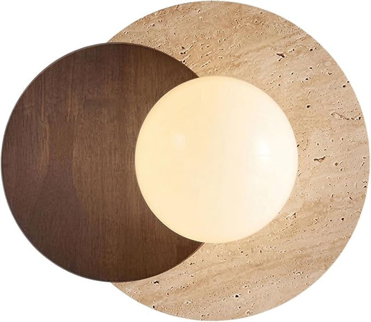 Marble Wall Lamp, Bathroom Vanity Light Fixtures, Wall Mount Lamp, Over Mirror, Stone Wall Sconces, Vintage Wall Light with Wood and Stone Shade, for Porch Workshop Kitchen Living Room