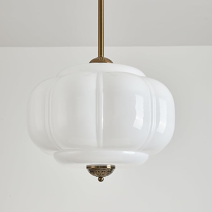 Milk Glass Ceiling Light Fixture, 15" Vintage Semi Flush Mount Pendant Light with Antique Brass Finish, Schoolhouse Light Fixture - Antique Chandelier for Kitchen, Hallway, Dining Room