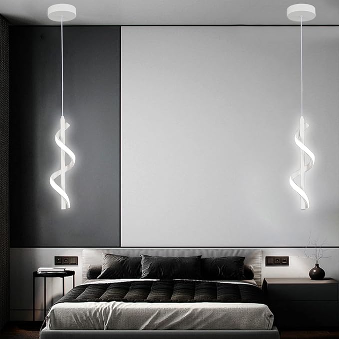 13W Modern Spiral Led Pendant Light Fixture, Cold White 5500K Minimalist Integrated LED Hanging Lamp, Adjustable Hanging Island Light Fixture For Bedroom Living room Kitchen Sink, 1 Pack (White)