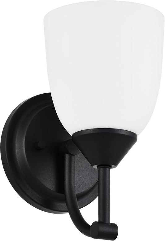Traditional 1-Light Indoor Black Wall Sconce with Frosted Glass Bathroom Bedroom Hallway, 9.6" H x 5.5" W, Textured Black
