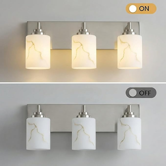 3-Light Bathroom Light Fixture, Brushed Nickel Modern Vanity Light with White Marble Glass Shade, for Bathroom Mirror, Living Room, Bedroom, Hallway, E26 Base, Extended Base