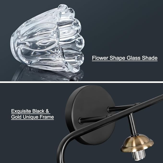 Daunton Vintage 3 Light Vanity Light, Black and Gold Bathroom Vanity Light, Bathroom Light Fixtures with Glass Shade, Antique Vanity Light Fixtures Over Mirror, Wall Sconce for Bedroom, Living Room