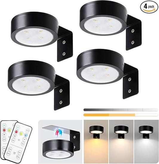 KELUOLY 4-Pack Picture Light Battery Operated with Remote, Led Lights Dimmable and Timer Painting Light, Art Display Light for Picture Frame Artworking Portrait, Home Wall Decor Puck Lights, Black