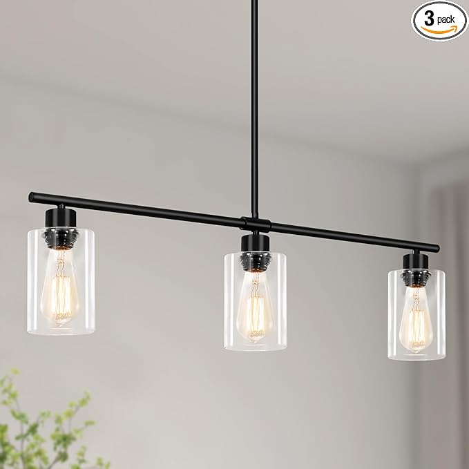 Kitchen Island Lighting, 3-Light Black Island Lights for Dining Room Light Fixture Over Table, Modern Linear Chandelier with Clear Glass Shade, 31" Farmhouse Hanging Pendant Light Fixtures for Kitchen