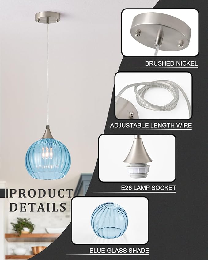 Brushed Nickel Pendant Lights Kitchen Island, Globe Pendant Light Fixtures with 8 Inch Clear Glass Shade, Modern Hanging Light Fixtures for Kitchen, Bedroom (2 Pack - Blue Glass Pendant Light)