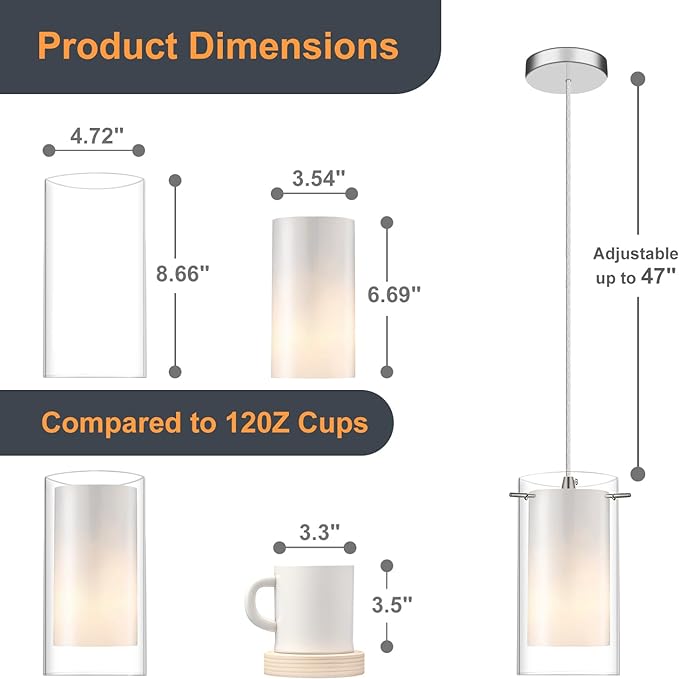 3-Light Pendant Light, Indoor Glass Hanging Light Fixture, Adjustable Height, Brushed Nickel Finish for Kitchen Dining Room