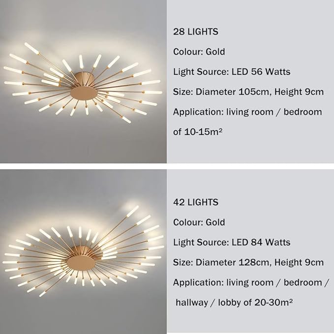JAYMP 41.3" Ceiling Light Modern Flower Shape Ceiling Lamp for Dining Room Kitchen Hallway Flush Mount Metal Acrylic Sputnik Firework Petal LED Lighting Fixture (Matte Gold, 28 Lights)