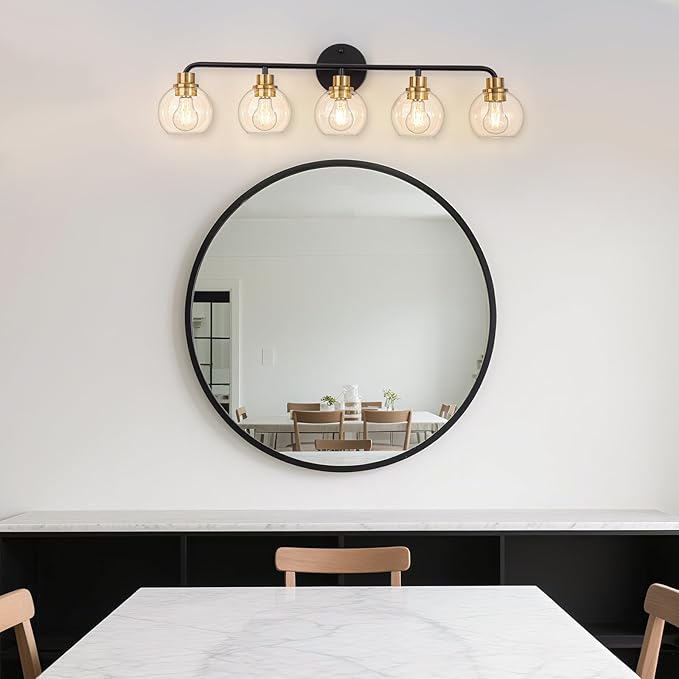 5 Light Bathroom Vanity Light, Black and Gold Bathroom Light Fixtures with Clear Glass Shade Modern Wall Sconces Lighting Bath Wall Lights Lamp for Mirror Kitchen Living Room Bedroom Hallway Cabinet