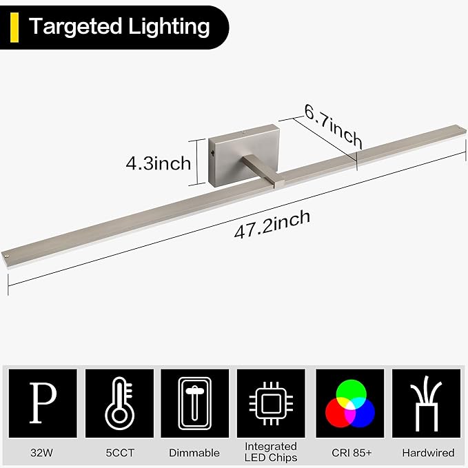 ZUZITO 48 Inch Vanity Lights for Bathroom Over Mirror Brushed Nickel Over Cabinet Arm Extra Wide LED Bar 5CCT 2900K 6000K 32W 2560lm ETL