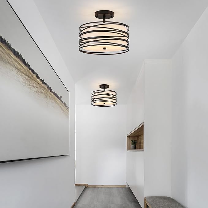 Drum Semi Flush Mount Ceiling Light Fixture, Black Matal & Linen Fabric Shade Ceiling Light, Modern Farmhouse Close to Ceiling Light for Bedroom, Hallway, Entryway, Dining Room, Laundry Room