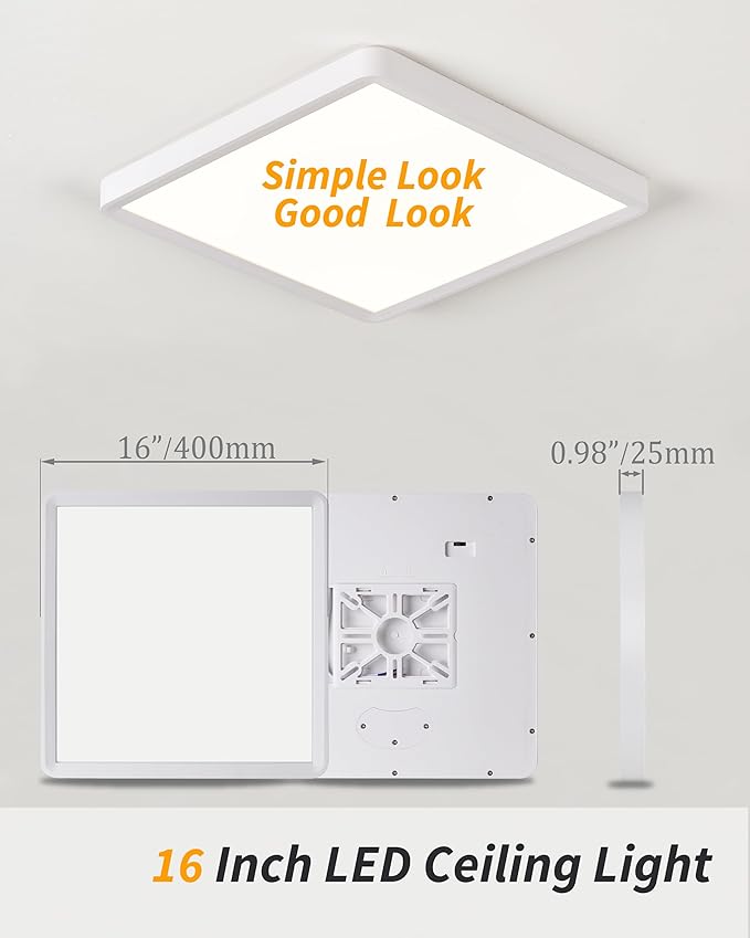 Square Led Flush Mount Ceiling Light,16 Inch 40w 3820lm led Light 3000k,4000k,6000k CCT Selectable,Flat Panel Super Slim Led Ceiling Light Fixture,for Living Dining Kitchen Bedroom Room (2Pack-White)