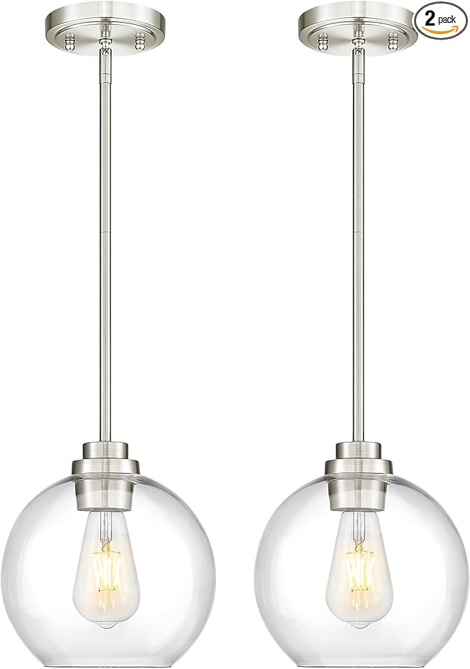 2 Pack Pendant Lights Kitchen Island, 8" Brushed Nickel Pendant Light Fixtures with Globe Clear Glass Shade, Modern Kitchen Island Lighting for Bathroom, AD-22280-2PL-SN