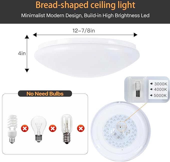 13 inch Flush Mount Ceiling Light, Dimmable LED Ceiling Fixture with 3 Color Temperatures (3000K/4000K/5000K), Ultra Thin Round Design for Kitchen, Bathroom, Bedroom, Hallway - ETL Certified