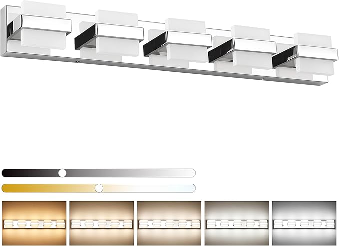 SOLFART Chrome Bathroom Light Fixture, 5 Light LED Vanity Lights Over Mirror, Lights for Bathrooms,5 Color Temperature Adjustable Vanity Lights for Bath Nickel