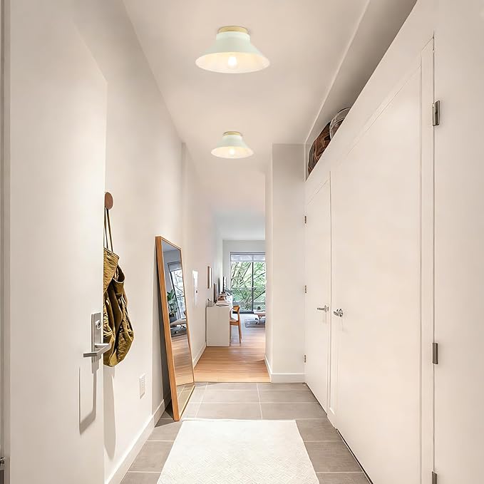11.8'' Modern Ceiling Light Fixtures, Cream White Metal Flush Mount Light Fixtures with Natural Wood Accent, Farmhouse Semi Flush Mount Ceiling Lights for Kitchen, Hallway, Entryway,Laundry Room