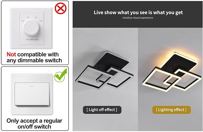 Garwarm Modern LED Ceiling Light, Dimmable 3 Heads Squares Ceiling Lamp Fixture with Remote, Acrylic Metal Flush Mount Ceiling Chandelier Lighting for Living Room Bedroom (70W, Black)
