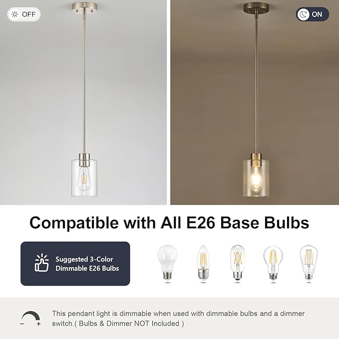 Modern Farmhouse Brushed Nickel Pendant Lights, Mini Hanging Light Fixture with Clear Glass Shade, Adjustable Rods for Kitchen Island, Sink, Bar (1 Pack)