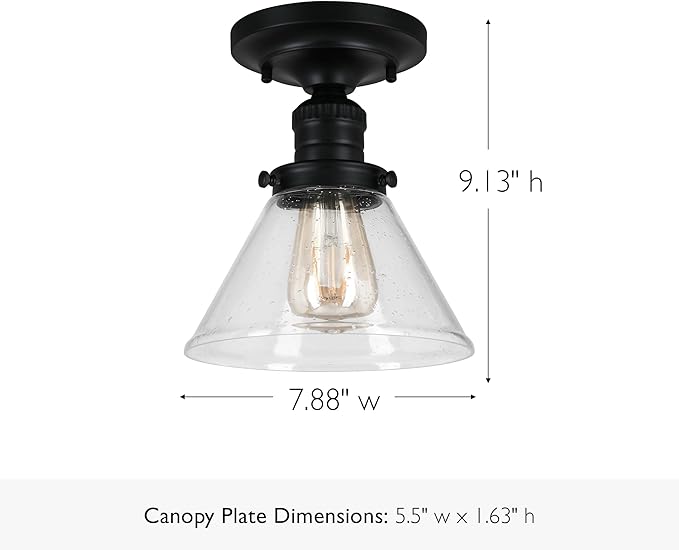Design House Augustin Ceiling Light, 1-Light, Semi-Flush, Seeded Glass Glow, Dimmable, E26 Socket, Durable Metal Frame, Black, 7.9 in L x x 7.9 in W x 9.1 in H, 589069-BLK