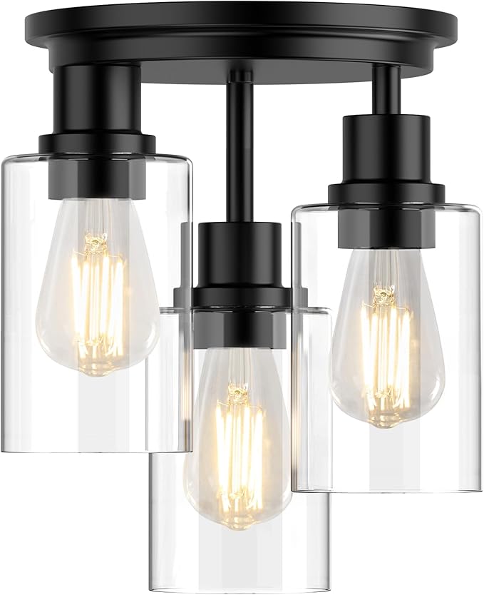 ROTTOGOON Semi Flush Mount Ceiling Light, Close to Ceiling Lights Fixtures, 3 Light Kitchen Ceiling Lights Fixtures with Glass Shades, Hallway Light Fixtures Ceiling Mount for Foyer, Black