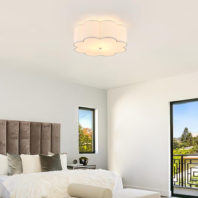 Modern Drum Semi Flush Mount Ceiling Light 3-Lights Modern 17.71" White Drum Ceiling Lighting Fixture Vintage Modern Linen Ceiling Lamp for Kitchen, Basement, Bedroom, Laundry Room