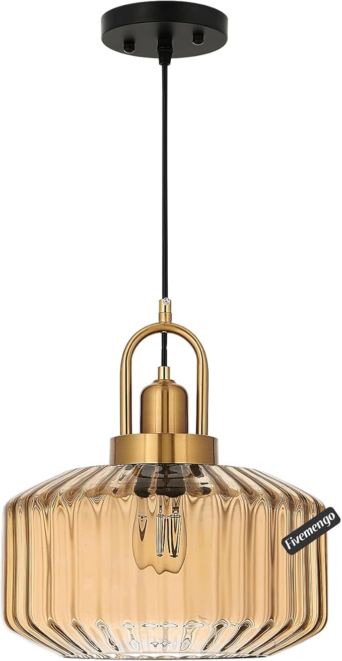 11.8in Mid Century Modern Amber Glass Pendant Light Fixture, Large Gold Kitchen Island Pendants Light Glass Ceiling Hanging Lamp for Foyer Dining Room Bedroom Entryway Hallway Over Sink