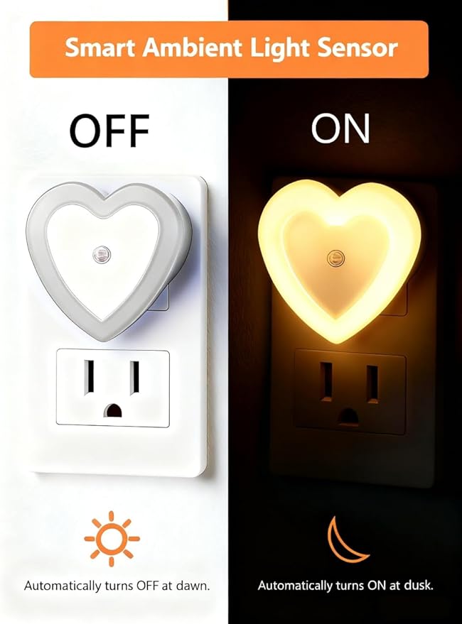 LED Night Lights Plug in(4-Pack), Dusk to Dawn Sensor Auto-On/Off, Heart Shaped Nightlight 0.5W for Bedroom, Bathroom, Kids Room, Hallway, Toilet(Warm White)