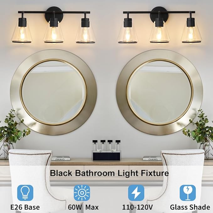Black Bathroom Vanity Light 3 Lights Bathroom Light Fixtures Over Mirror Vanity Lighting Fixtures with Clear Glass Shade 22 inch Modern Vanity Lights for Bathroom Wall Sconce Lights for Bedroom