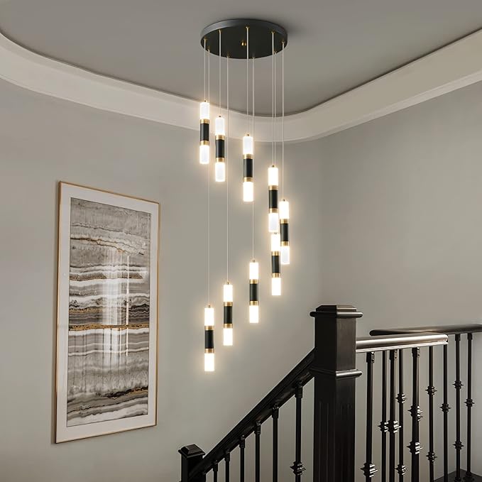 9-Light Chandelier LED 54W Dimmable Chandeliers for Entryway Pendant Light Fixture Chandeliers for Staircase Lobby Black Gold Lighting Modern High Ceiling Chandelier