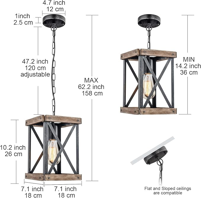 Farmhouse Pendant Light, Adjustable Metal and Wood Chandelier Light Fixture, Rustic Pendant Lighting for Kitchen Island, Bedroom, Dining Room and Entryway (Brown), 2 Pack