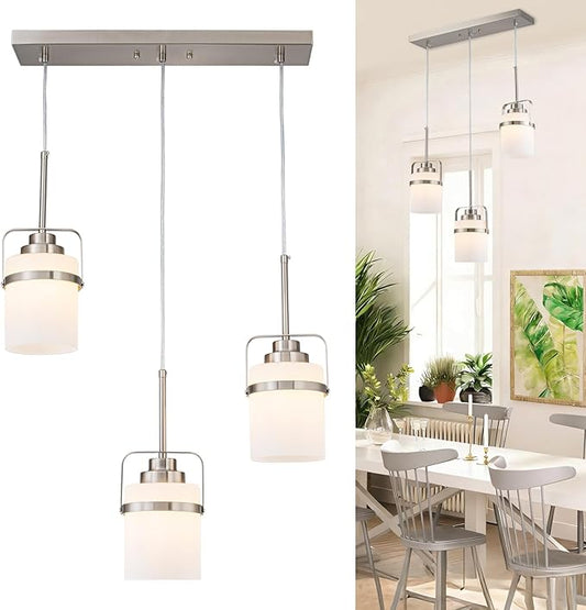 Nickel 3-Light Pendant Lighting, Adjustable Hanging Light Fixture with Milk Glass Shade, Modern Pendant Light for Kitchen Island Dining Room Bar Over Sink/Table/Counter