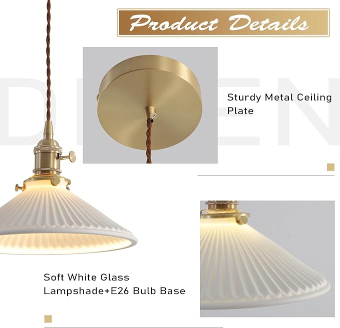 White and Gold Pendant Light Modern Nordic Hanging Ceiling Light Fixture Vintage Adjustable Single Brushed Brass Opal Glass Pendant Lights Kitchen Island Lamp Ceramic Chandelier MPL16D