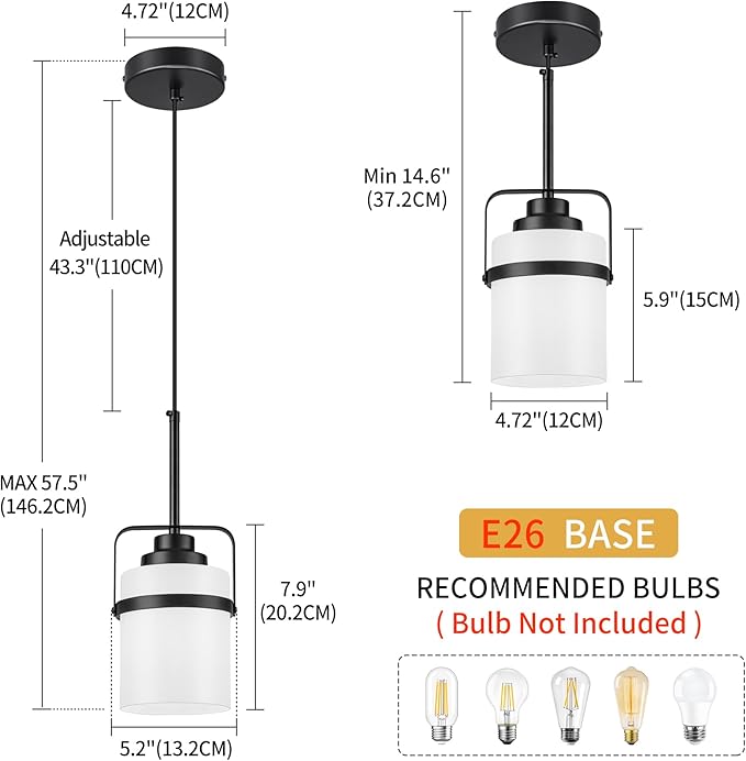 Modern Black Pendant Lights Kitchen Island Light, Adjustable Hanging Light Fixture with Milk Glass Shade, Farmhouse Pendant Light for Dining Room Bar Over Sink/Table/Counter, 1 Pack
