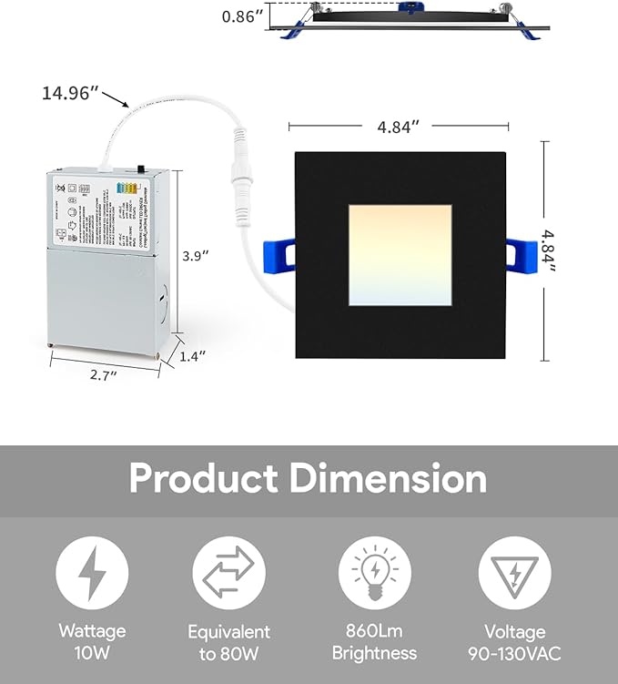 Adetu 4 inch Square Led Recessed Lighting Black,5CCT Ultra Thin Square Led Ceiling Light with Junction Box, 2700K/3000K/3500K/4000K/5000K Selectable,Dimmable,ETL and Energy Star Certified