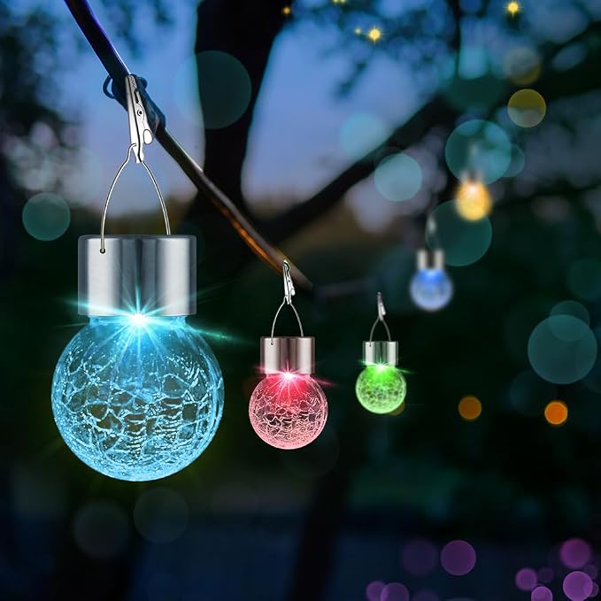 12 Pack Hanging Solar Lights Outdoor Decorative, Waterproof Solar Globe Lantern with Handle and Clip, Solar Powered Cracked Glass Ball Lights for Garden Yard Patio, Fence Tree Umbrella, Holiday Decor