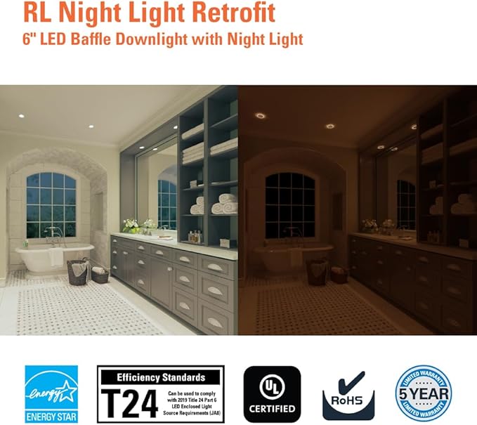 HALO RL Night Light 5/6 in LED Recessed Downlight with Night Light Mode, 1000 Lumens, Selectable CCT 2700K-5000K, Dim-to-Warm, Matte White - RLNL56109FSD2W1EWH