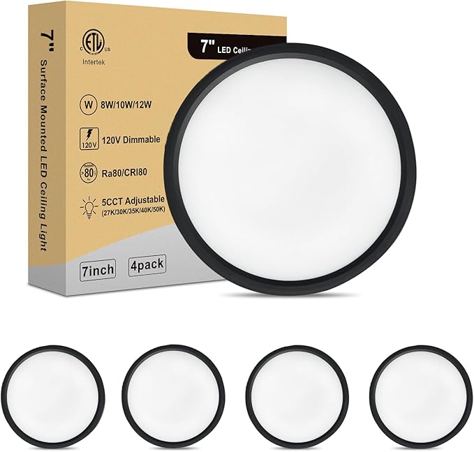 7 Inch LED Ceiling Light, Dimmable and 5CCT Selectable, Ultra Slim 0.67 Inch, Round Flat Ceiling Lamps for Bathroom Basement, 7 Inch 4Pack Black