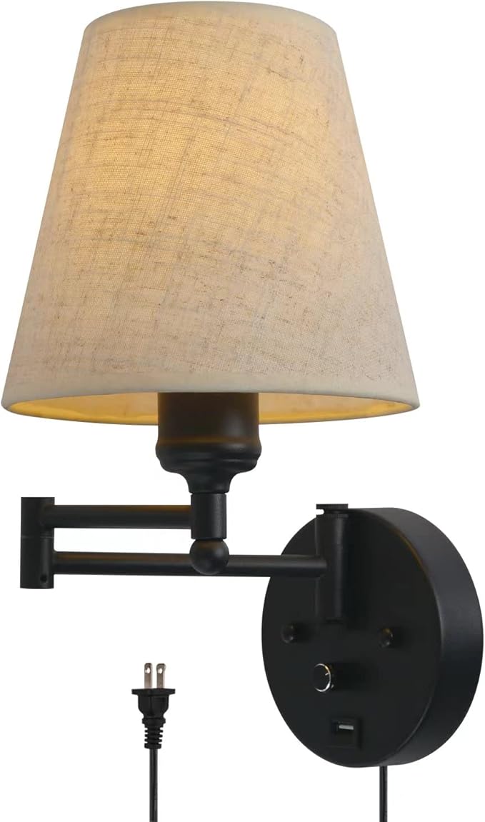 Bedside Wall Mount Light with Dimmable Switch and USB Port, Black Wall Sconce Light with Swing Arm and Plug in Cord, Fabric Shade Wall Lamp Perfect for Bedroom, Living Room and Hotel