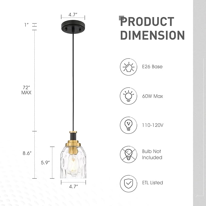 zeyu Pendant Light 2 Pack, Vintage Adjustable Hanging Light for Hallway, Haning Light Fixture Ceiling with Water Ripple Glass Shade, Black and Gold Finish, ZG33M1L-2 BK+BG-WG