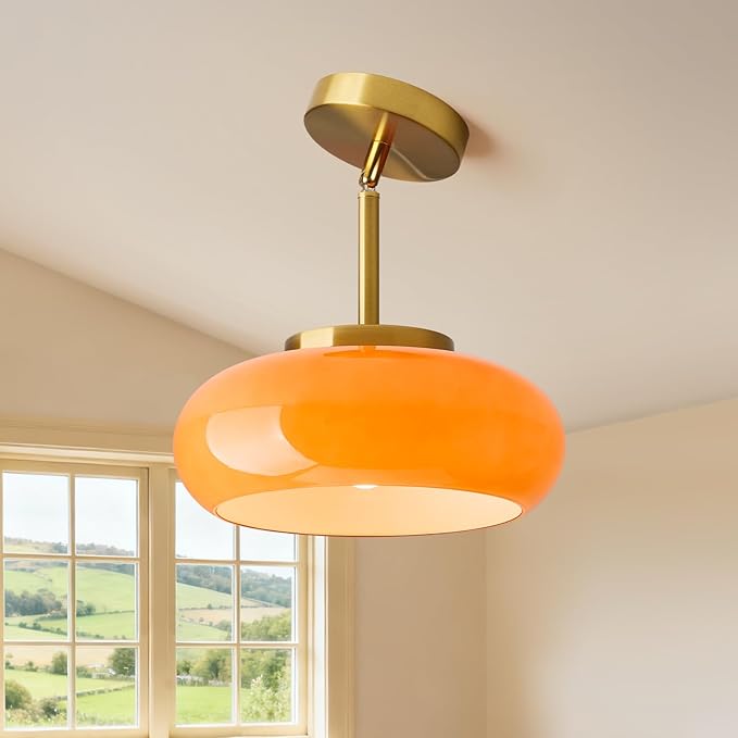 Glass Pendant Lights Kitchen Iisland，Gold Modern Ceiling Lamp with Orange Glass Shade Adjustable Mid Century Hanging Light Fixtures for Schoolhouse, Dining Room, Living Room,Sink