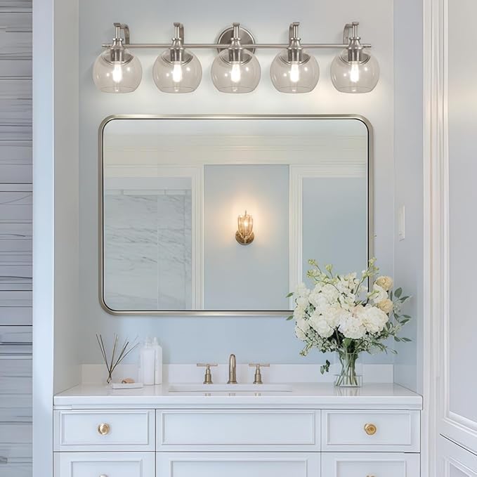 ANDY STAR 5-Light Brushed Nickel Bathroom Light Fixture, 35" Large Wall Sconce, Glass Globe Design, Perfect for Large Bathrooms, Double Vanities, Elegant Linear Design