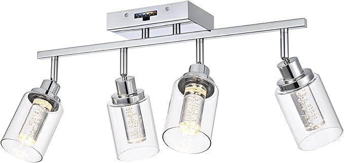 MELUCEE 5-Color Dimmbale Track Lighting Fixtures Ceiling 4-Light LED Track Lighting Kit Chrome Rotatable Spotlight Ceiling Mount Bathroom Wall Sconces, Kitchen Tracking Lights, Clear Glass Shade