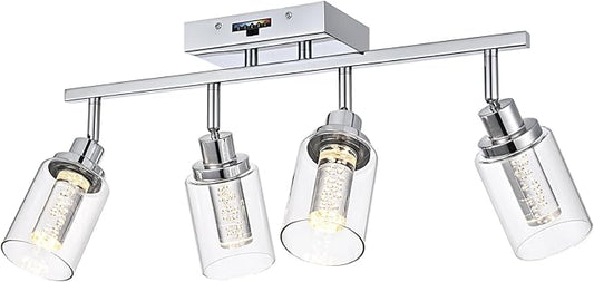 MELUCEE 5-Color Dimmbale Track Lighting Fixtures Ceiling 4-Light LED Track Lighting Kit Chrome Rotatable Spotlight Ceiling Mount Bathroom Wall Sconces, Kitchen Tracking Lights, Clear Glass Shade