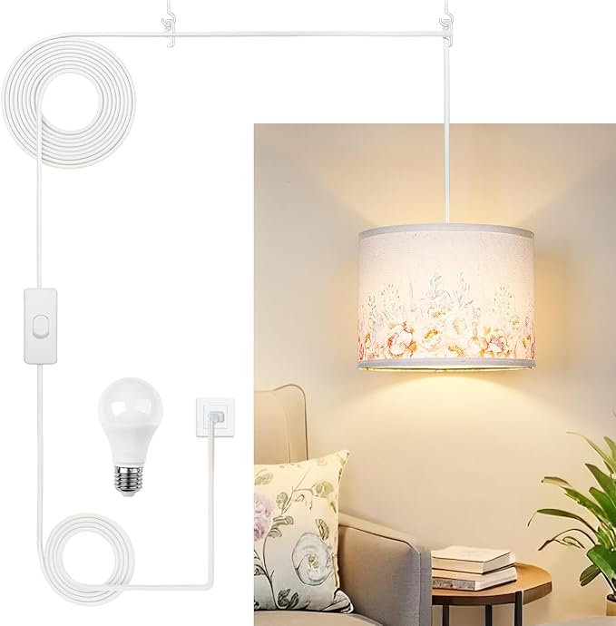 Qingmiao Boho Plug in Pendant Light, Hanging Lamp Plug in with Fabric Shade, 3-Way Dimmable Hanging Light Fixture for Living Room Bedroom Kitchen Ceiling Farmhouse Home Decor