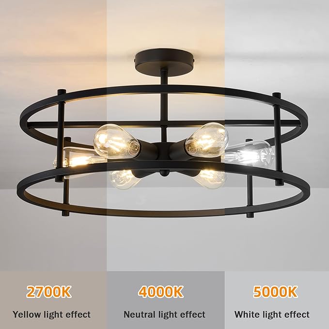 hesoge Large Semi Flush Mount Ceiling Light Fixture Black Cage Ceiling Light 6 Light Chandelier for Kitchen Dining Room Entryway Living Room Bedroom Foyer