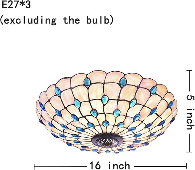 Tiffany Flush Mounts Ceiling Lights,Peacock Blue Crystal Beads Stained Glass Lampshade Ceiling Lamp for Kitchen Dining Room Livingroom Bedroom Ceiling Chandeliers Pendant Light,Blue,16in